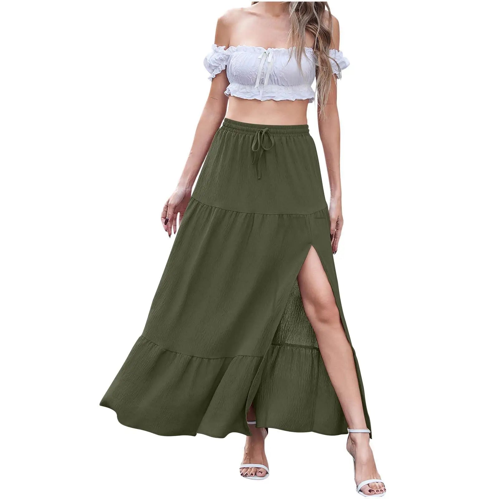 Bohemian Pure Color Side Slit  Skirt Women's Fashion Summer New Arrival Cross-Border mid Waist H-Shape PVC Fabric Skirt