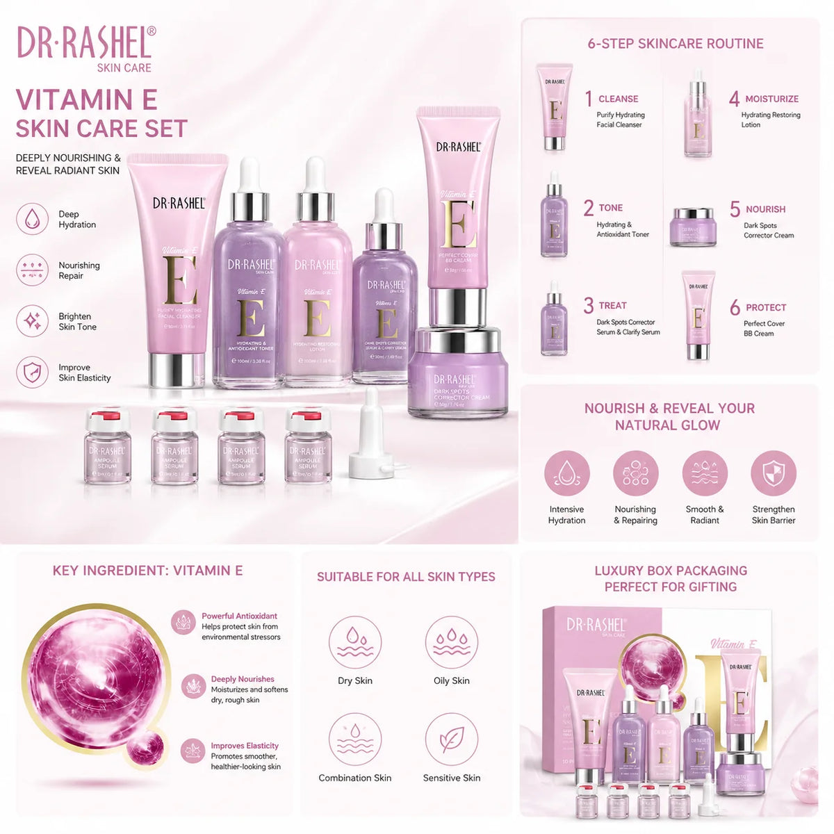 DR·RASHEL Facial Set Hydrating Repairing Brightening Whitening Vitamin E Skin Care Set 10pcs/kit
