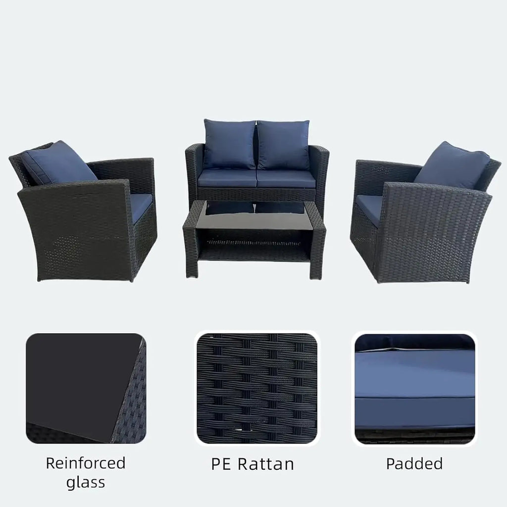 4 Piece Wicker Patio Sectional Sofa Set with Tempered Glass Table for Garden Porch Balcony, Customized