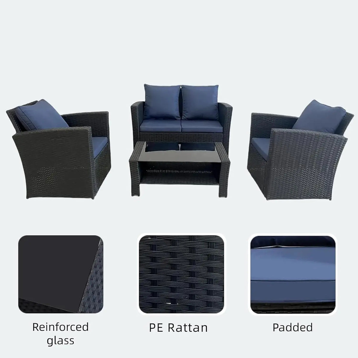 4 Piece Wicker Patio Sectional Sofa Set with Tempered Glass Table for Garden Porch Balcony, Customized