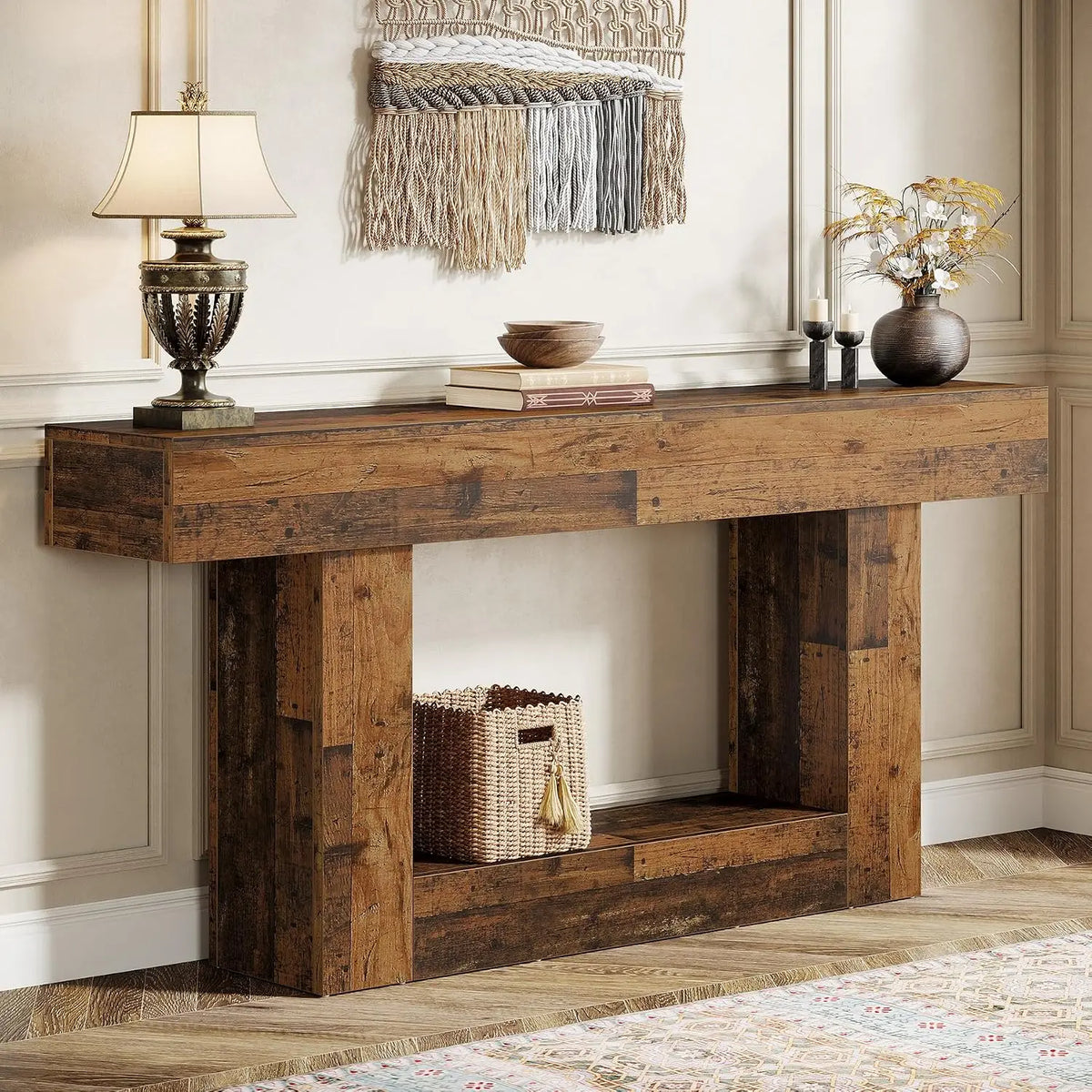 63" Farmhouse 2-Tier Console Table, U-Shaped Base Sofa Table - Brown