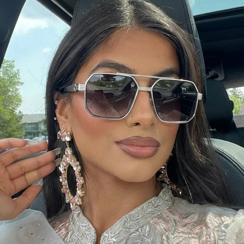 Car Sun Glasses 3pcs Retro Large Frame Square Sunglasses Classic Double Beam Metal Frame Glasses Fashion Men'S Gradient Eyewear