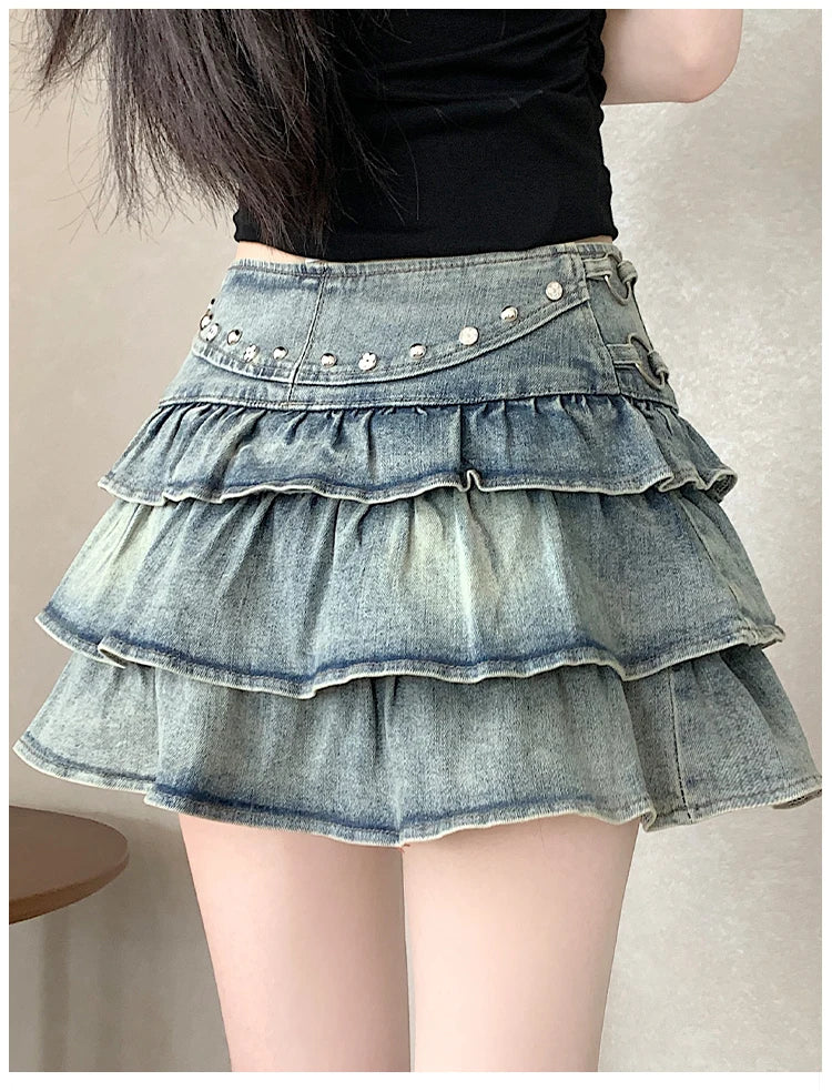 Summer Retro 2026 Korean Fashion Vacation Versatile Sexy Denim Cake Pleated Mini Skirt Women's High Waist Ruffle Short Skirt