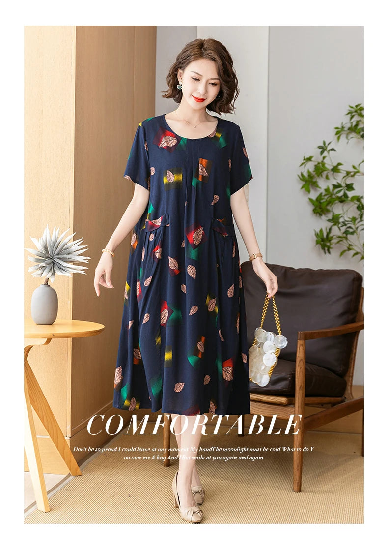New 2025 Summer Dress Long Vintage Loose Women Elegant Sundress Dress Casual O-neck Dresses Print Plus Size