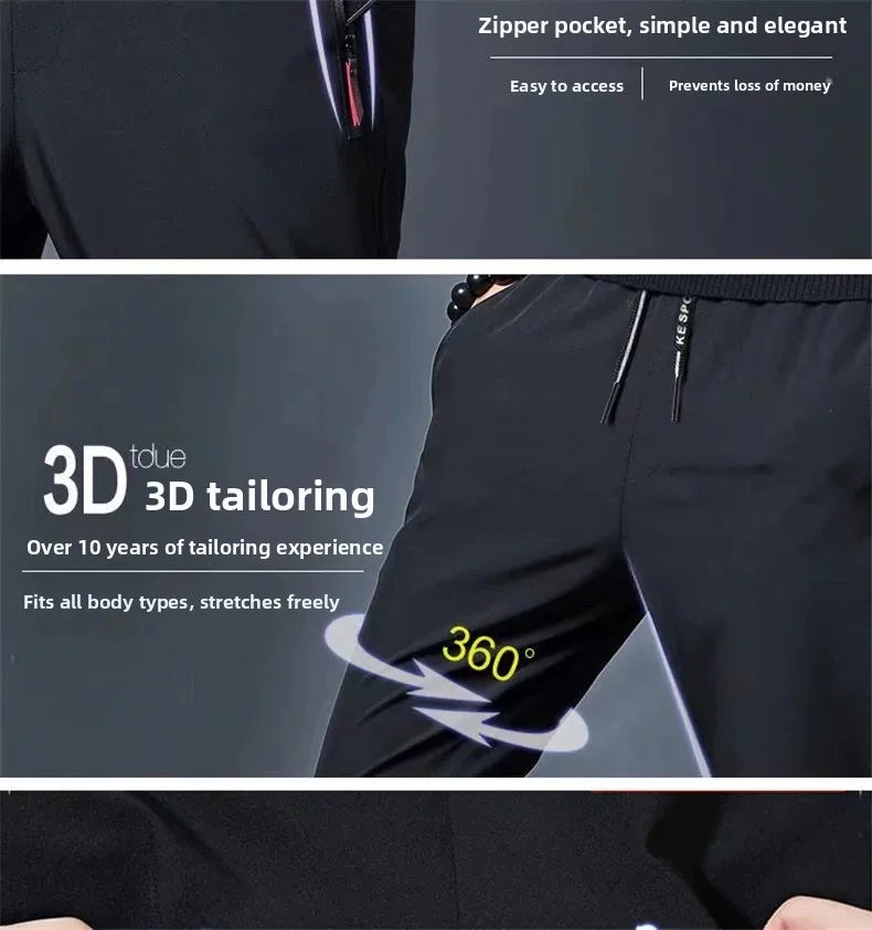 Ice Silk Thin Zipper Pocket Casual Pants Men's Summer Cool Feeling Quick Dry Breathable Straight Leg Long Pants Workwear