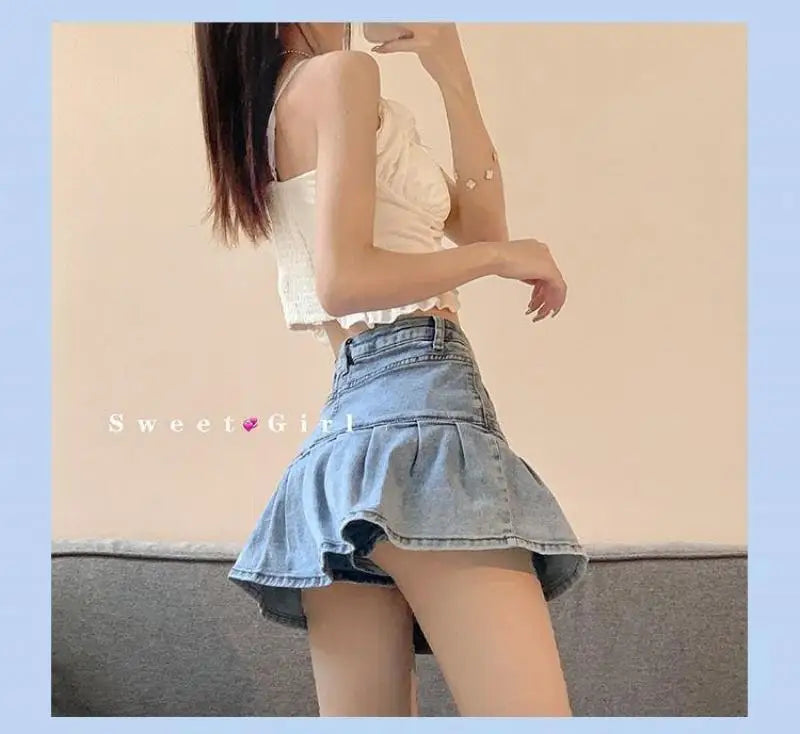 Y2K Vintage Denim Skirt Women Summer Fashion High Waist A-Line Wash Blue Slim Sexy Hot Girl Mini Jeans Ruffle Short Skirt Female