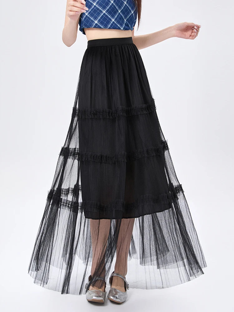 Women's Skirt Spring Summer Tiered Tulle High Waist Ruffle Hem A-Line Pleated Maxi Layered Mesh Cake Skirt Female Faldas SK120