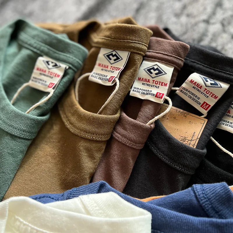 Tough Guy American Vintage Solid Color Round Neck Versatile Basic Commuter 100% Cotton Short Sleeve T-Shirt Men Tees Tops