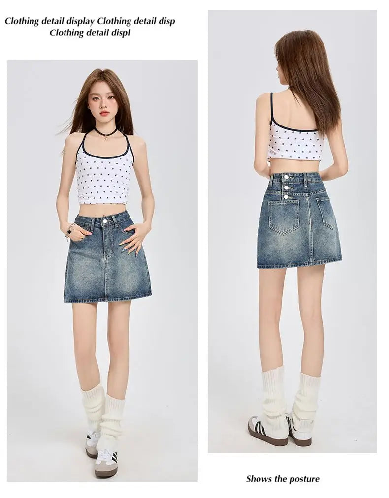 Harajuku Denim Plaid Skirt Women Sexy Multiple Pockets Mini Skirts Vintage Y2K New Fashion 2025 Lady Casual Versatile Streetwear