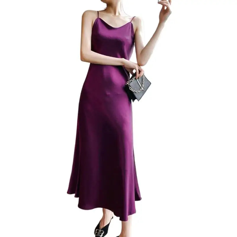 2026 fashion Sexy Satin Long Dress Summer Lady Acetate satin Party Dress High Waist Slim Female Retro Dress Red Pink robe femme