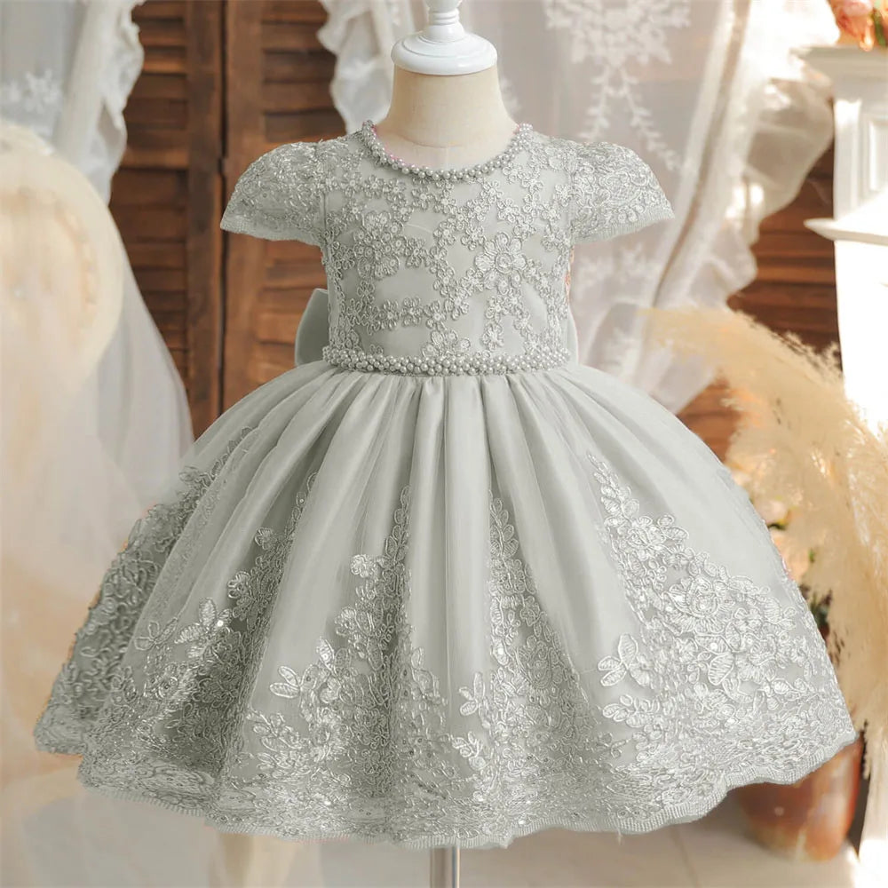 Beading Luxury Short Sleeve Lace Appliques A Line Formal Communion Girl Dress Bow Floor Length Princess Flower Girl Gown New