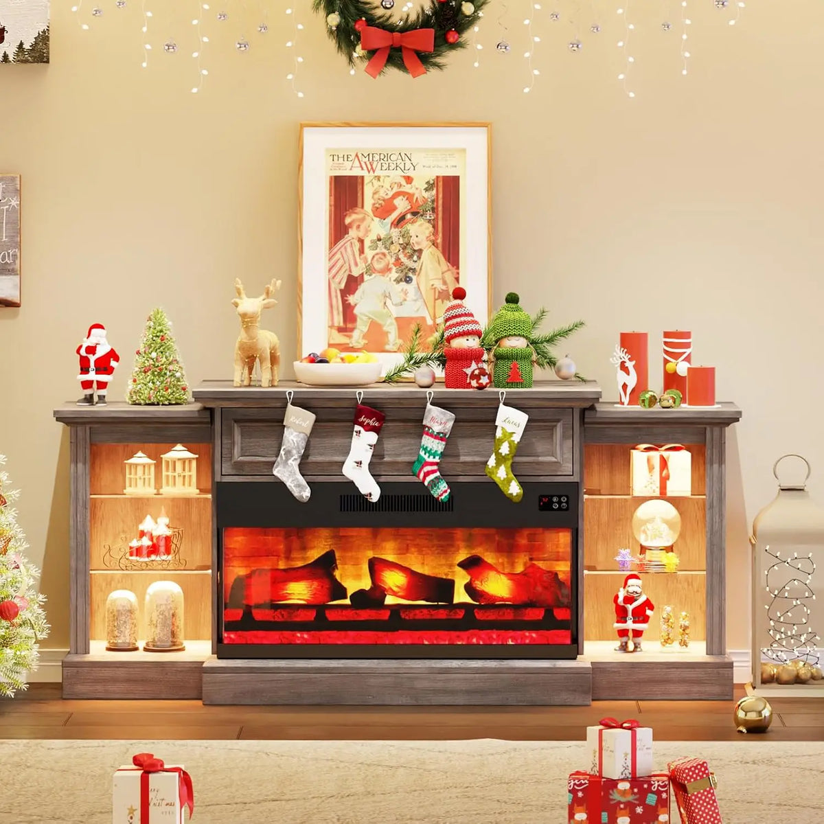 70" Electric Fireplace with Mantel, Farmhouse 3-Sided Fireplace TV Stand for TVs up to 75 Inch, Entertainment, Customized