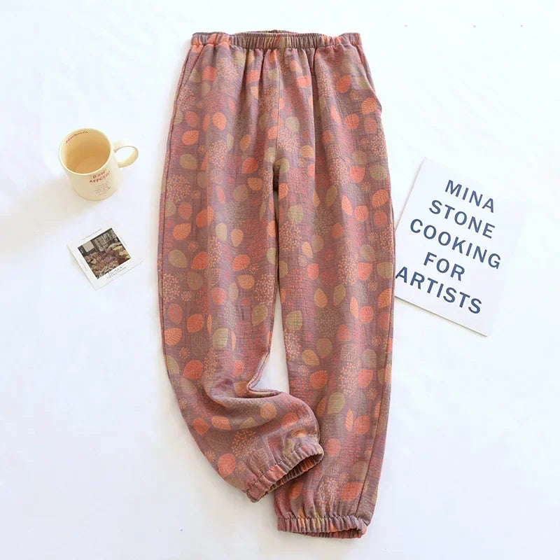 2026 New Spring Summer Women's Pajamas 100% Cotton Crepe Pants Women's Comfortable Loose Large Leaf Home Pants Thin Bottoms