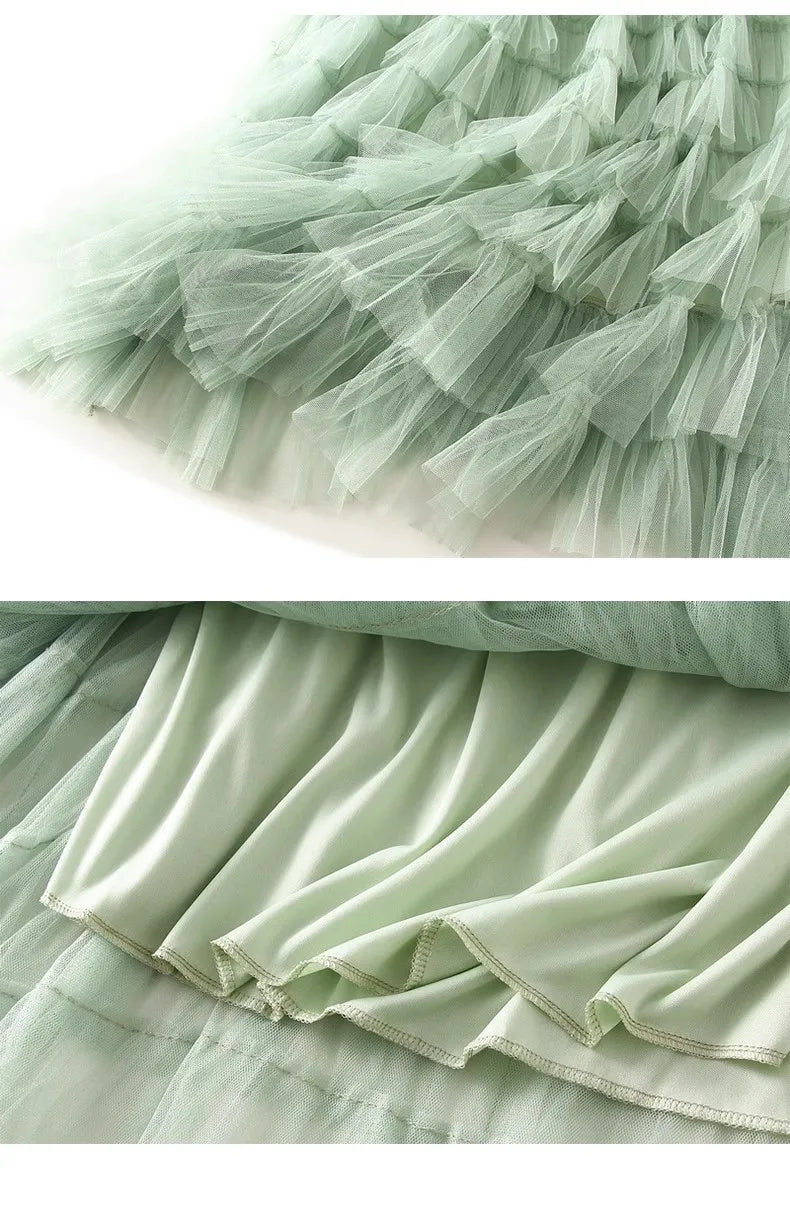 HOT Solid Multilayer Ruffle Mesh Skirt Women Boho High Waist Long Maxi Tulle Skirt Spring Summer Party Women's Clothing