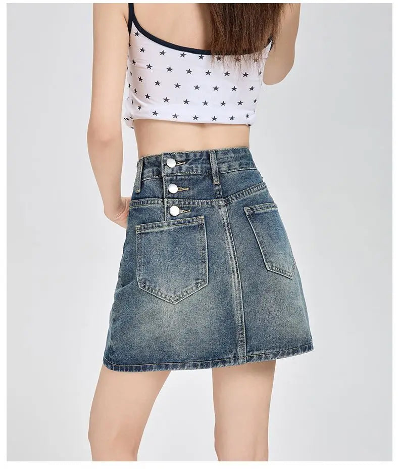 Harajuku Denim Plaid Skirt Women Sexy Multiple Pockets Mini Skirts Vintage Y2K New Fashion 2025 Lady Casual Versatile Streetwear