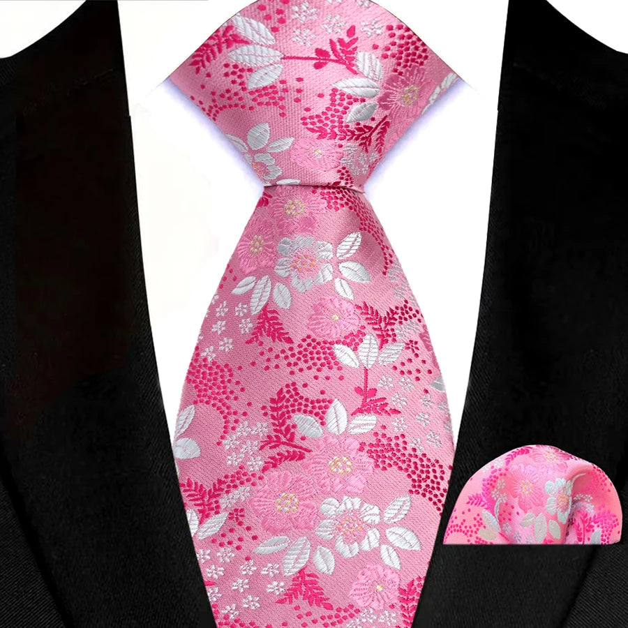 Pink Color Men's Tie Pocket Square Set Jacquard Floral Stripes Solid Hanky Necktie Set for Men Male Wedding Business Party