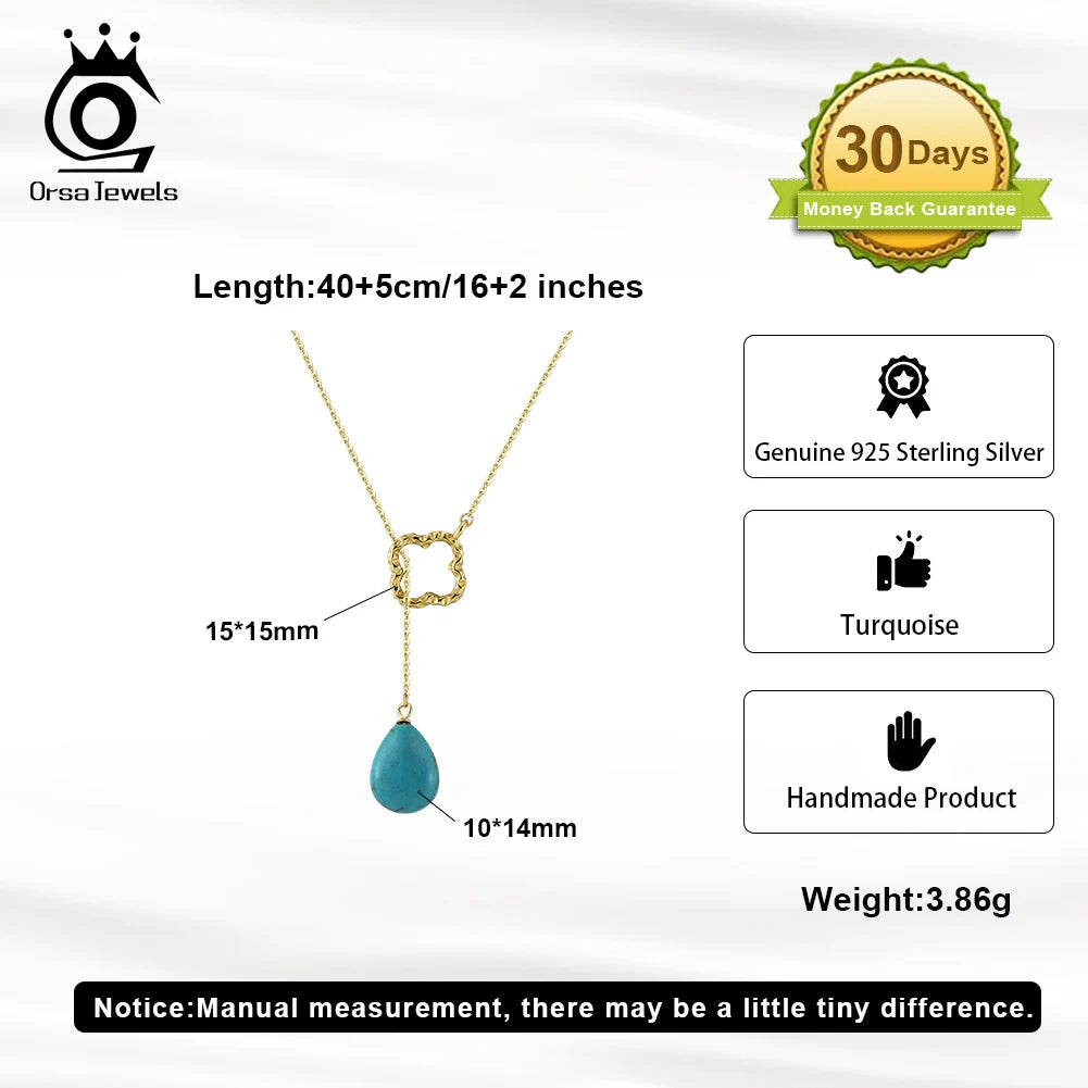 ORSA JEWELS Bohemia Turquoise Stone Pendant Necklace 925 Silver for Women Clavicle Chain Delicate Wedding Party Jewelry GMN47