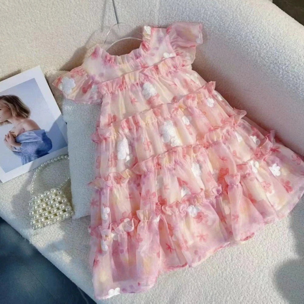 Summer New Pink 3-7 Year Old Girl Casual Clothes Round Neck Lace Floral Puff Cake Princess Sleeveless Dress Sweet Birthday