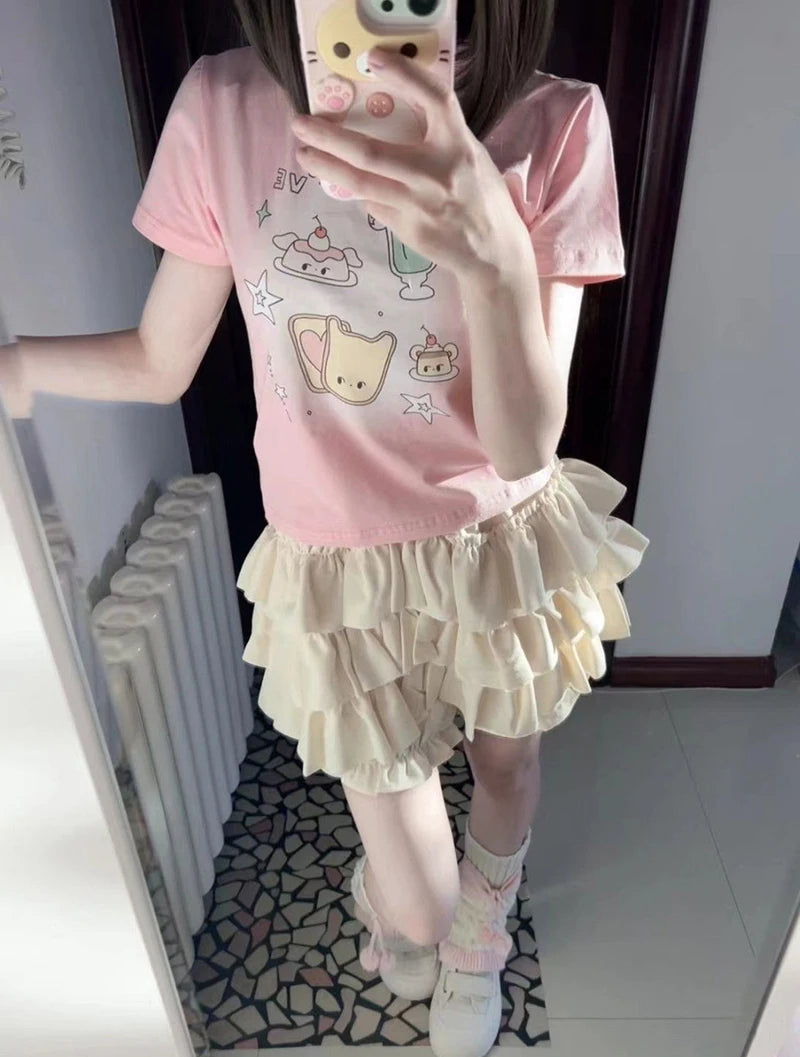 Pastel Tiered Ruffle Mini Skirt with Built-in Bloomer Shorts Layered Frill Skort Women Soft-Girl Kawaii Lolita Jirai Kei Sukapan