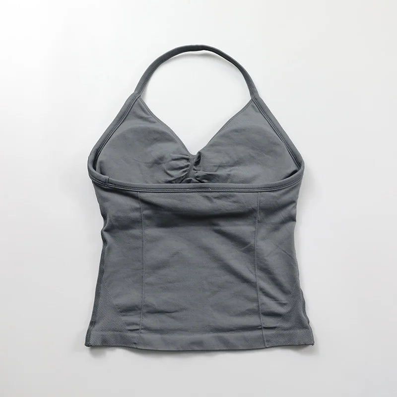 No Logo Longline Strappy Top Women Seamless Yoga Tank Top Ruched Backless Gym Clothes Workout Sleeveless Shirt With Built In Bra