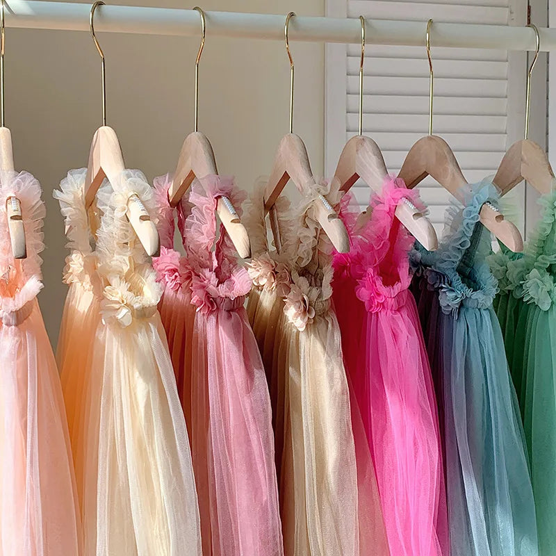 Kids Sweet Mesh Dress 1-6T Summer Children Mesh Tulle Princess Slip Tutu Dresses Girls 6 Colors 3D Flower Mermaid Birthday Dress