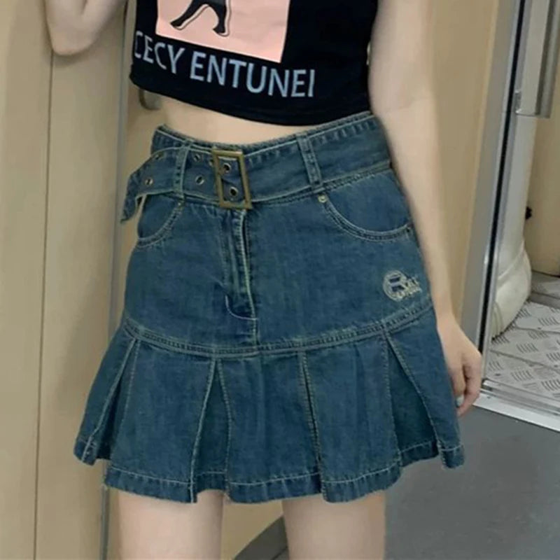 Korean Blue Denim Skirt Women Harajuku Y2K Pleated Mini Skirt Street Vintage Preppy Style High Waisted Embroidery Skirt