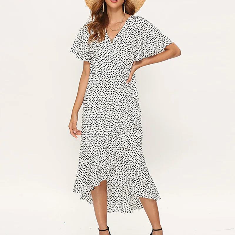 Bohemian Sexy V-Neck Irregular High Waist Lace-up Chiffon Print Dress Casual Beach Long Dress Women Summer Dresses