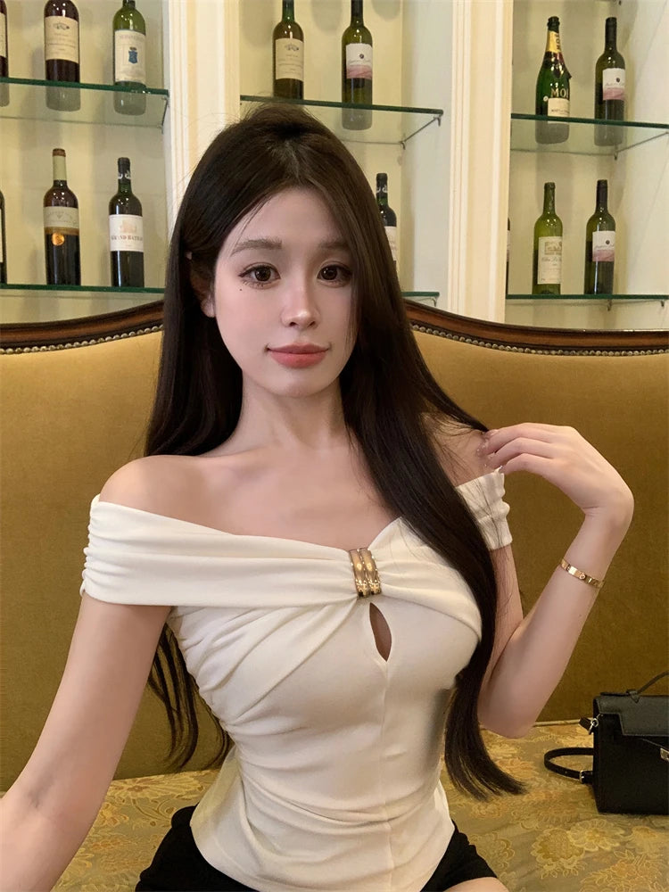 Summer slim sexy spicy girl slash neck ruffled short-sleeved T-shirt for women