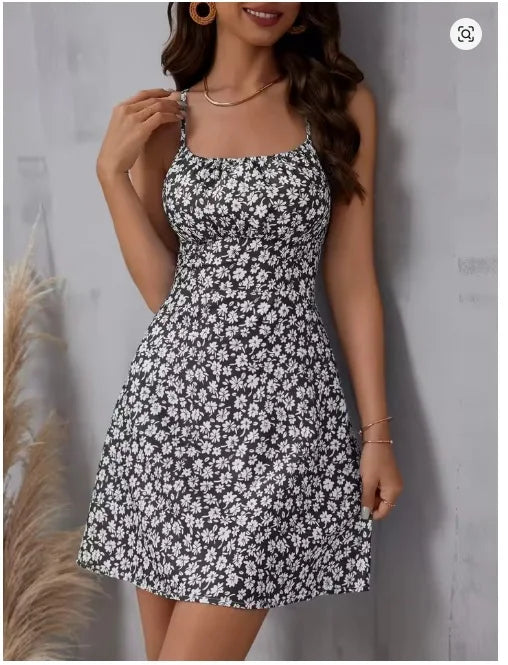 Elegant Floral Print Spaghetti Strap Dress Backless Tie Back Slim Vacation Summer Women Dress