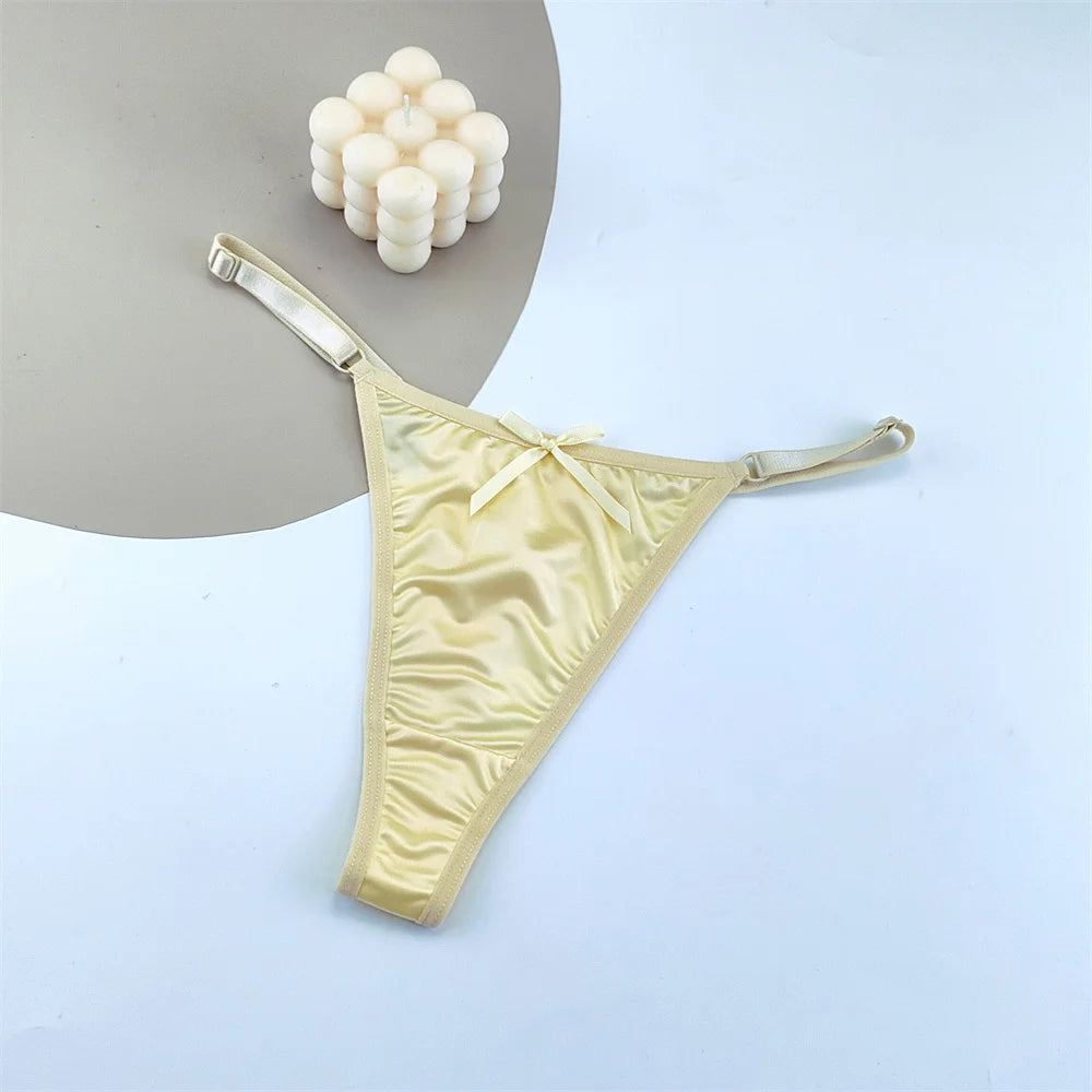 3PCS Adjustable Satin Thong Women Sexy G-string Underwear Low Waist T Back Peach Buttocks Tempting Sexy Bow Lingerie