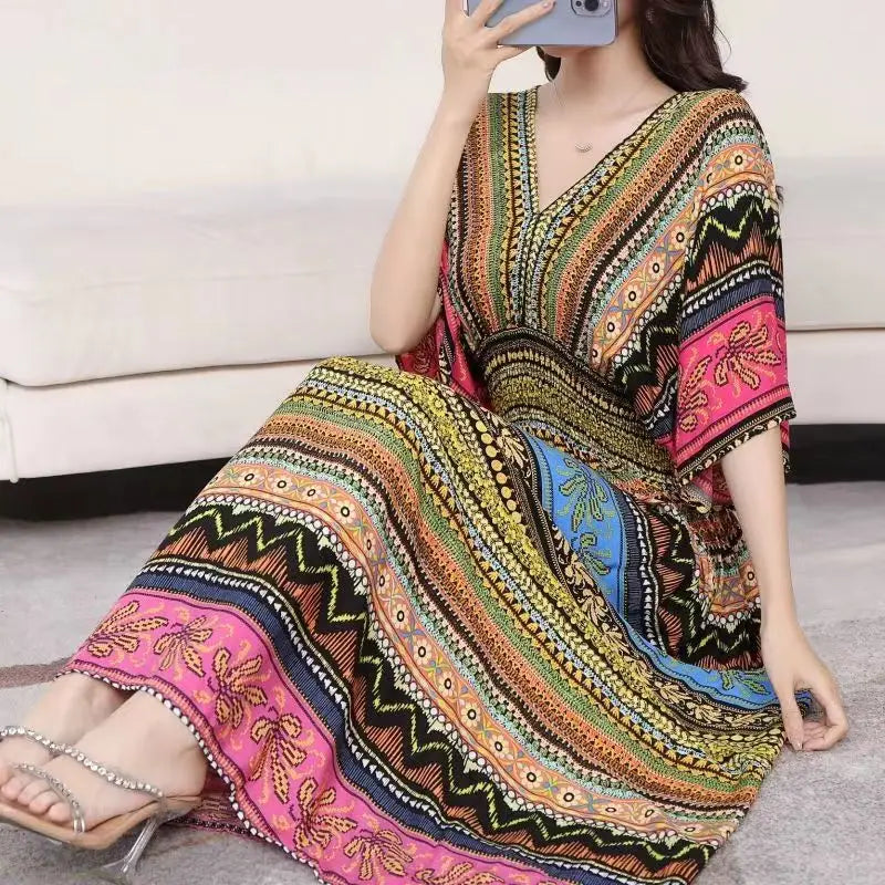 Summer New Casual Elegant Retro Bohemian Style V-neck Elastic Waist Large Swing Printed Long Skirt Autumn Summer Dress