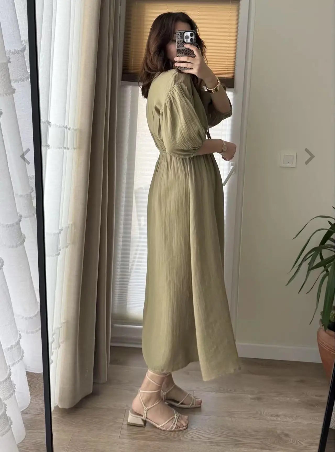 Dress Women Dresses A Line Puff Sleeve Vestidos V Neck Elastic Waist Elegant Mid Length Solid Y2k Streetwear Work Lace Up Summer