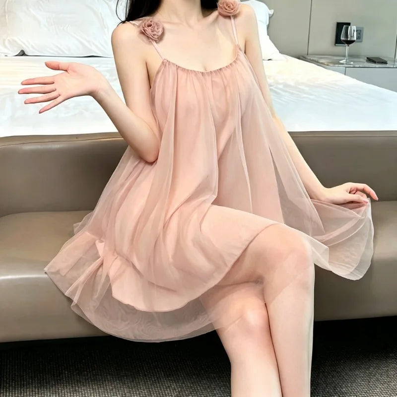Sweet Cute Women Summer Nightgown Solid Spaghetti Strap Flower Design Sleep Dress Ladies Koran Style New Homewear Loungewear