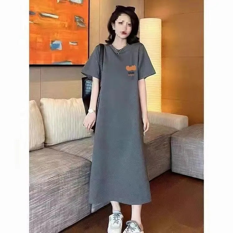 plus Size Long Knee-Length Summer Dress Women's Short Sleeve round Neck Loose Fit Knitted Fabric Straight Cut Casual Style