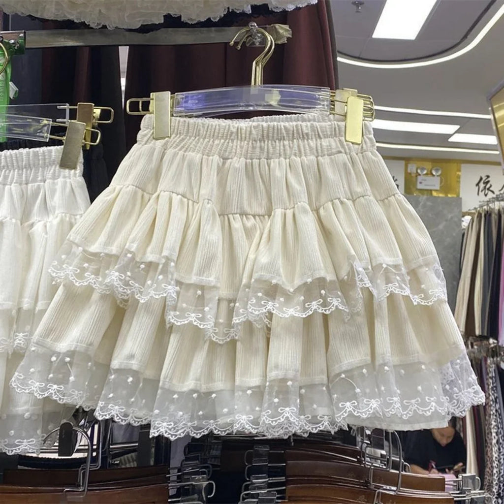 Japanese Y2k Cute Ruffled Plaid Skirt Subculture White Lace Cake Skirts Preppy Casual New Women Princess Puffy Skirts Mini Skirt