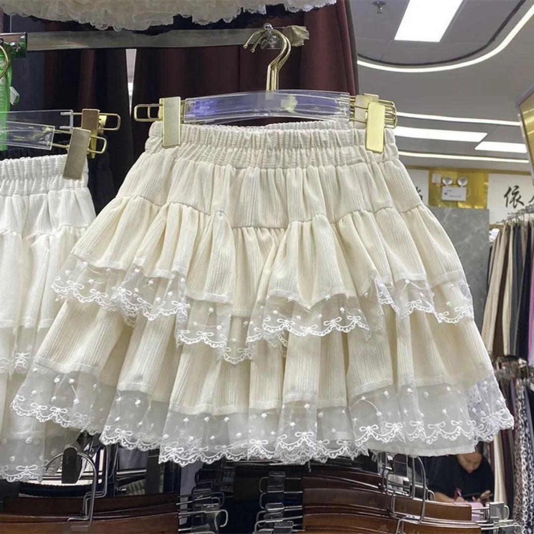 Japanese Y2k Cute Ruffled Plaid Skirt Subculture White Lace Cake Skirts Preppy Casual New Women Princess Puffy Skirts Mini Skirt
