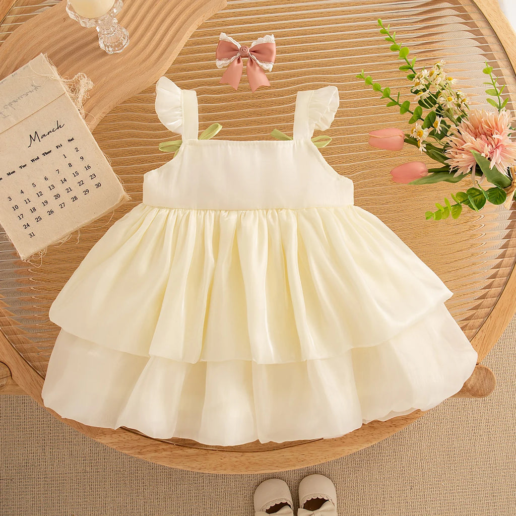 Newborn Girl Dress Layered Chiffon Princess Dress Flower Bow Tutu Dress for Baby Girl