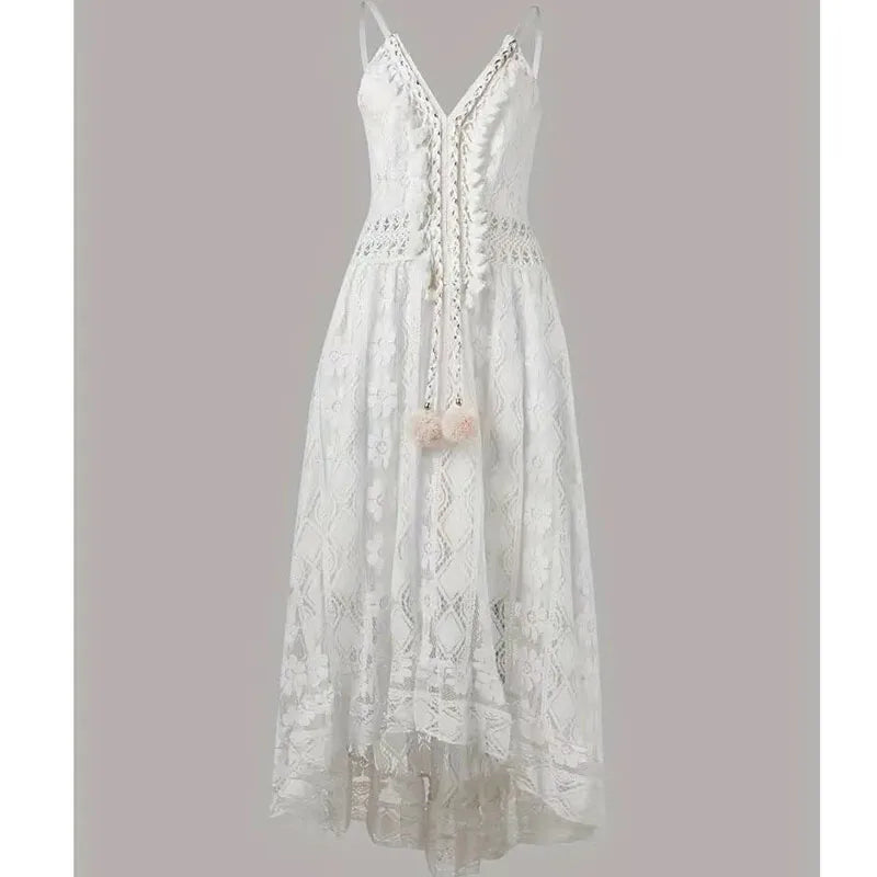 Ladies Dress A-line Lace Embroidery Design V-neck Sleeveless Mid Waist Slim Solid Color Simple Elegant Fresh Retro Sling Dress