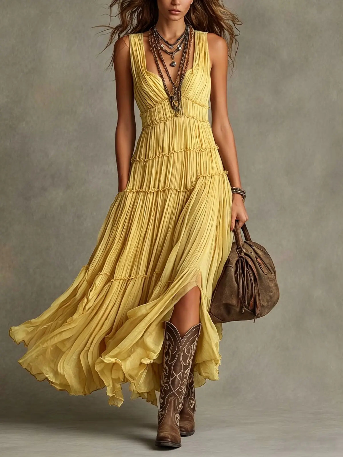 Retro Tiered Maxi Dress Deep V Sleeveless Ruffled Chiffon Flowy Long Dress Women Bohemian Pleated Split Hem Casual Dress