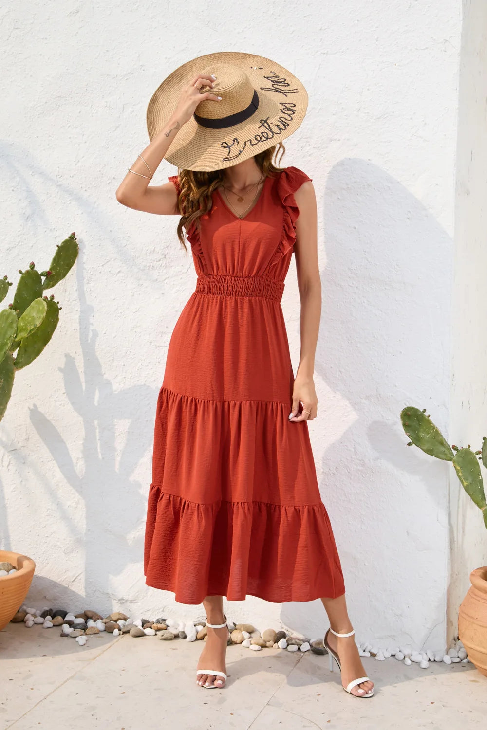 VigoCasey 2026 Summer Female Solid Long Dress Women Sexy Ruffle Sleeveless V Neck Long Dress Lady Casual High Waist Dresses