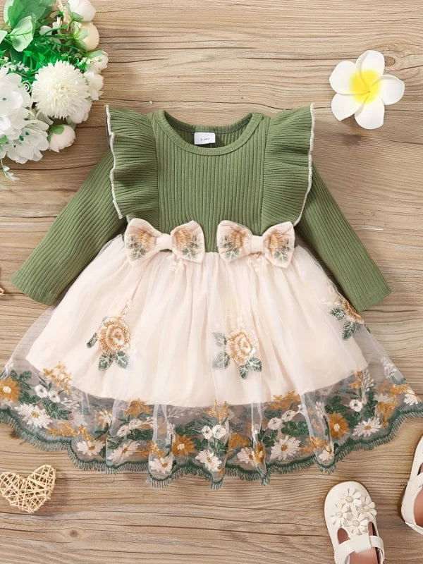 "Girls' Forest-Style Knit Dress | Olive Green Ribbed Top with Tulle Skirt - 3D Bows & Embroidered Floral Princess Dress"