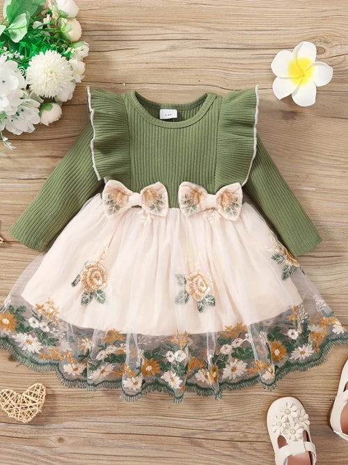 "Girls' Forest-Style Knit Dress | Olive Green Ribbed Top with Tulle Skirt - 3D Bows & Embroidered Floral Princess Dress"