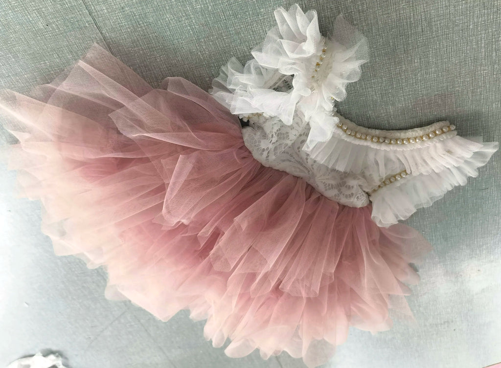 New Girl Dress Kids Flower Princess  Beading Dress for Baby Birthday Kids Flutter Sleeve Cake Dresses Children Clothing Caramel
