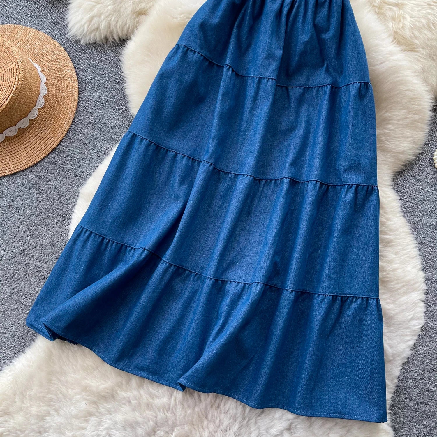 Korean Style A-Line  Skirt Women's Summer Slimming Elastic Waist Denim Patchwork Skirts City Commute Universal Long Skirts