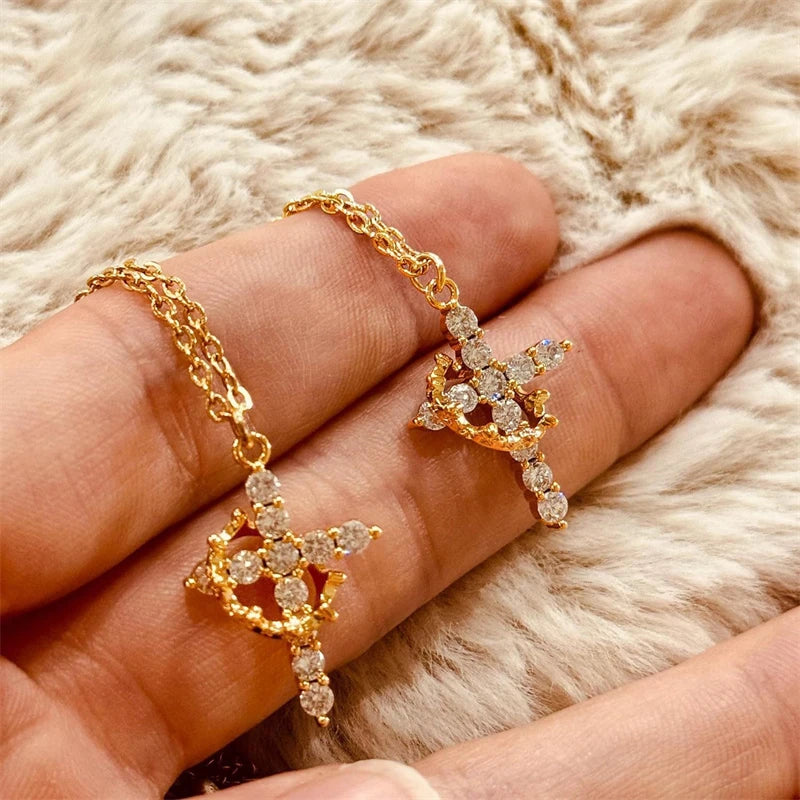 Rotatable Crown Cross Pendant Necklace For Women'S Shiny Rhinestone Stainless Steel Cross Choker Christian Prayer Jewelry