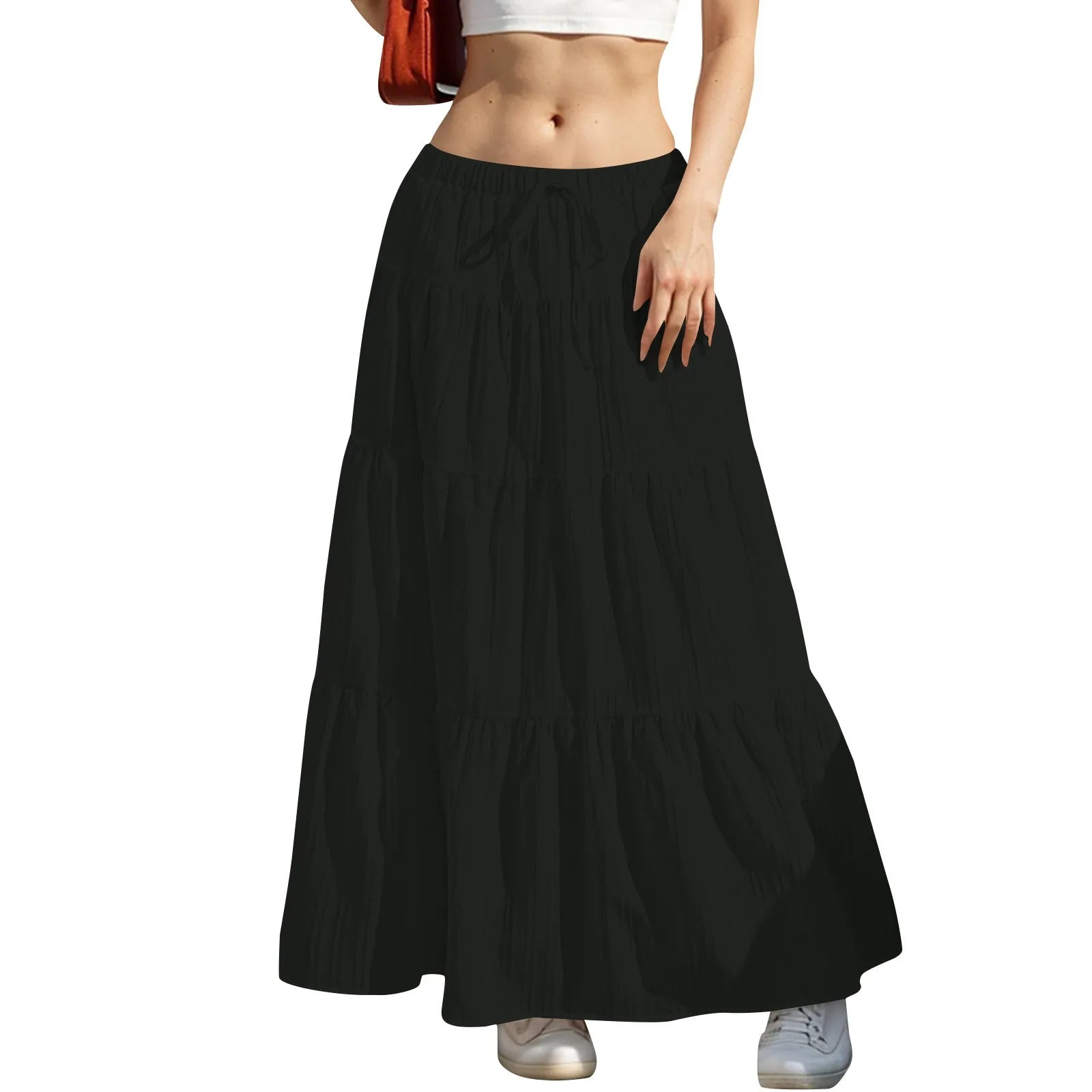 Women's Flared Ruffle Hem Maxi Skirt Fashion Women Solid Long Skirts Elastic Waist Elegant Long Skirt Spring Summer Cake Dress