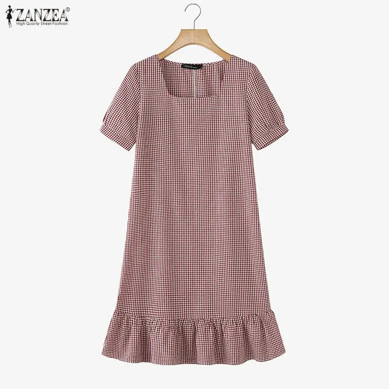 Summer Women's Gingham Knee-Length Dress Suqare Neck Short Puff Sleeve A-Line Ruffled Hem Dresses ZANZEA Daily Casual Robe Femme