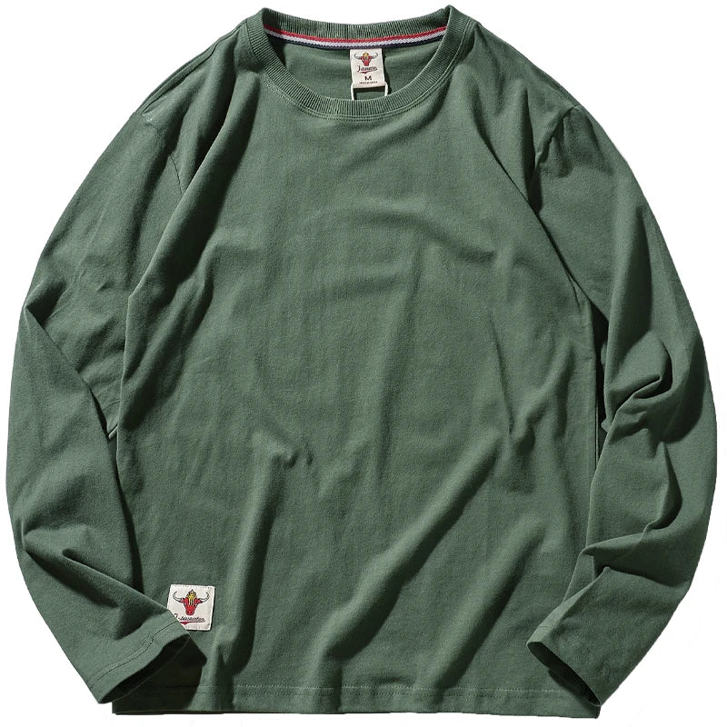 Autumn American Retro Long Sleeve O-Neck Solid Color T-Shirt Men'S Fashion 100% Cotton Washed Old Casual Bottoming Tops