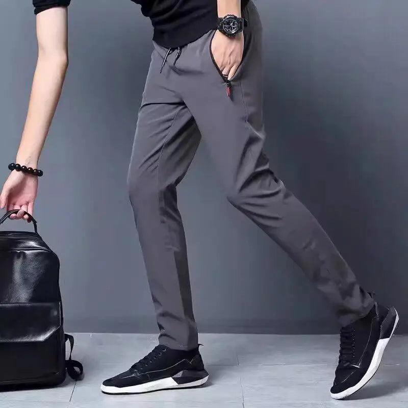 Ice Silk Thin Zipper Pocket Casual Pants Men's Summer Cool Feeling Quick Dry Breathable Straight Leg Long Pants Workwear