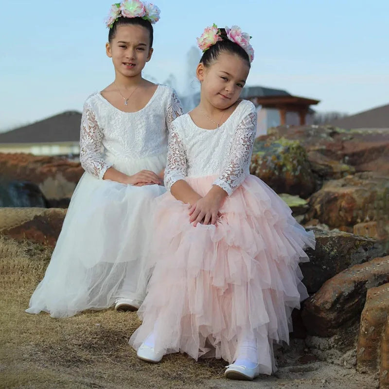 Princess Girls Festival Dress for 6m To 13 Years Old Elegant Flower Girl Vacation Layered Dress Lace Backless Evening Dresses
